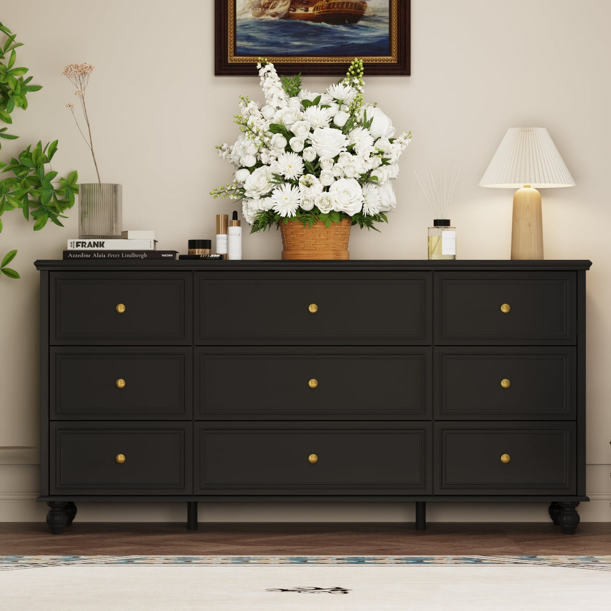 White 63-inch triple dresser with nine drawers in three columns