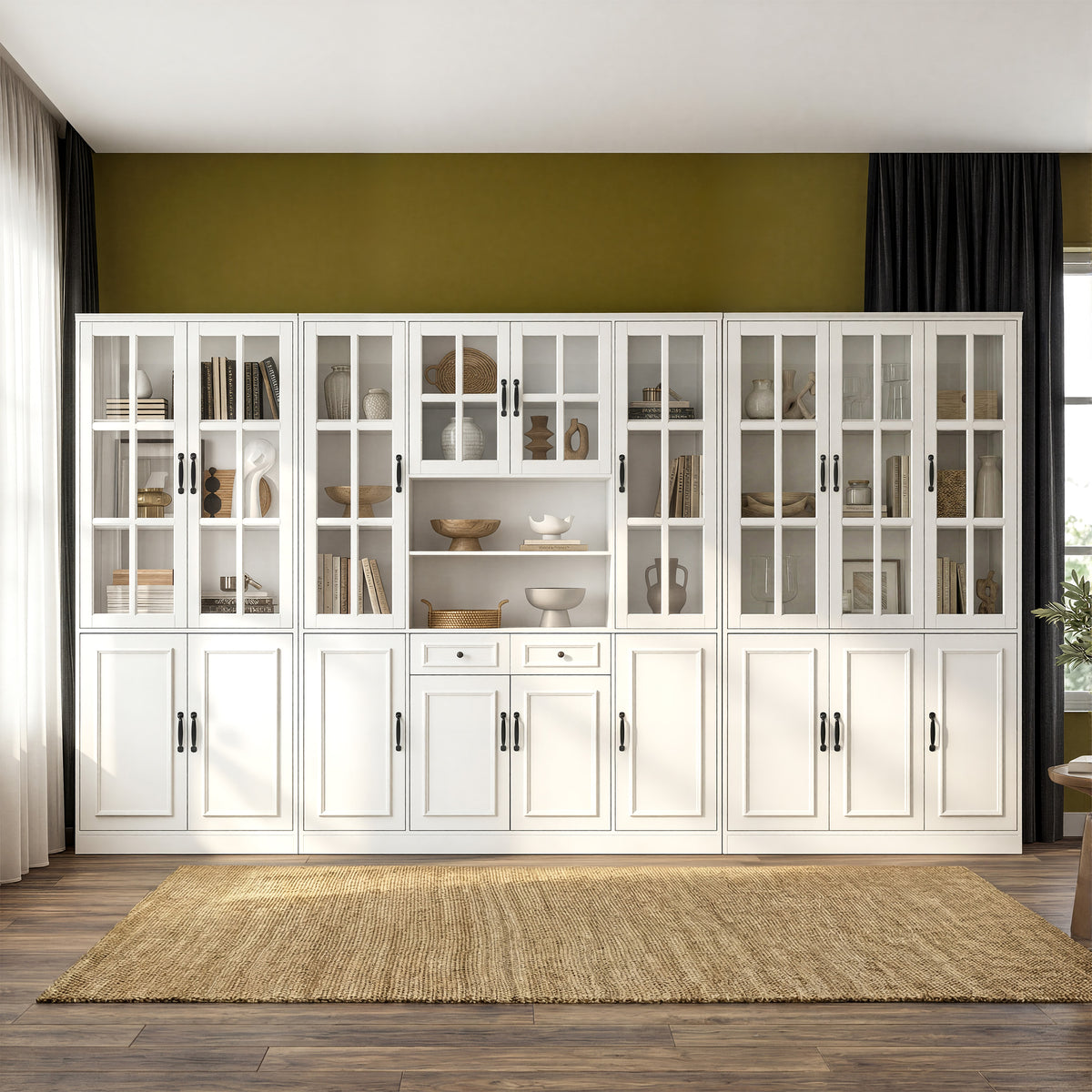 Sofna 141.7-inch white modular storage cabinet wall with glass doors and drawers lined up as one unit