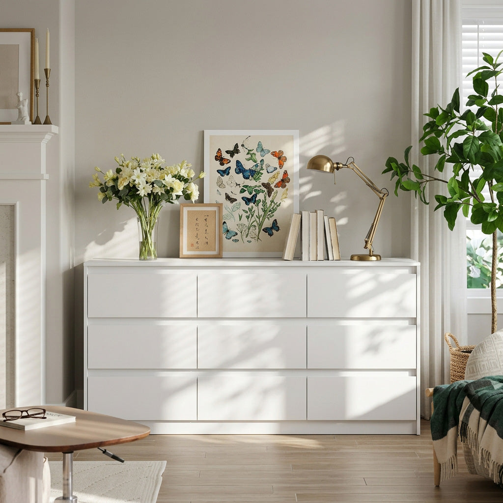 White 63-inch wide 9-drawer dresser, a standard double dresser size