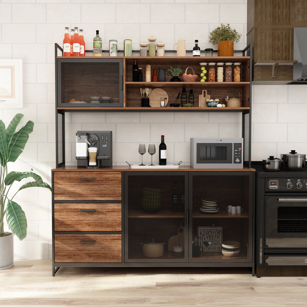 White kitchen sideboard display cupboard with an open microwave shelf, mesh doors and drawers