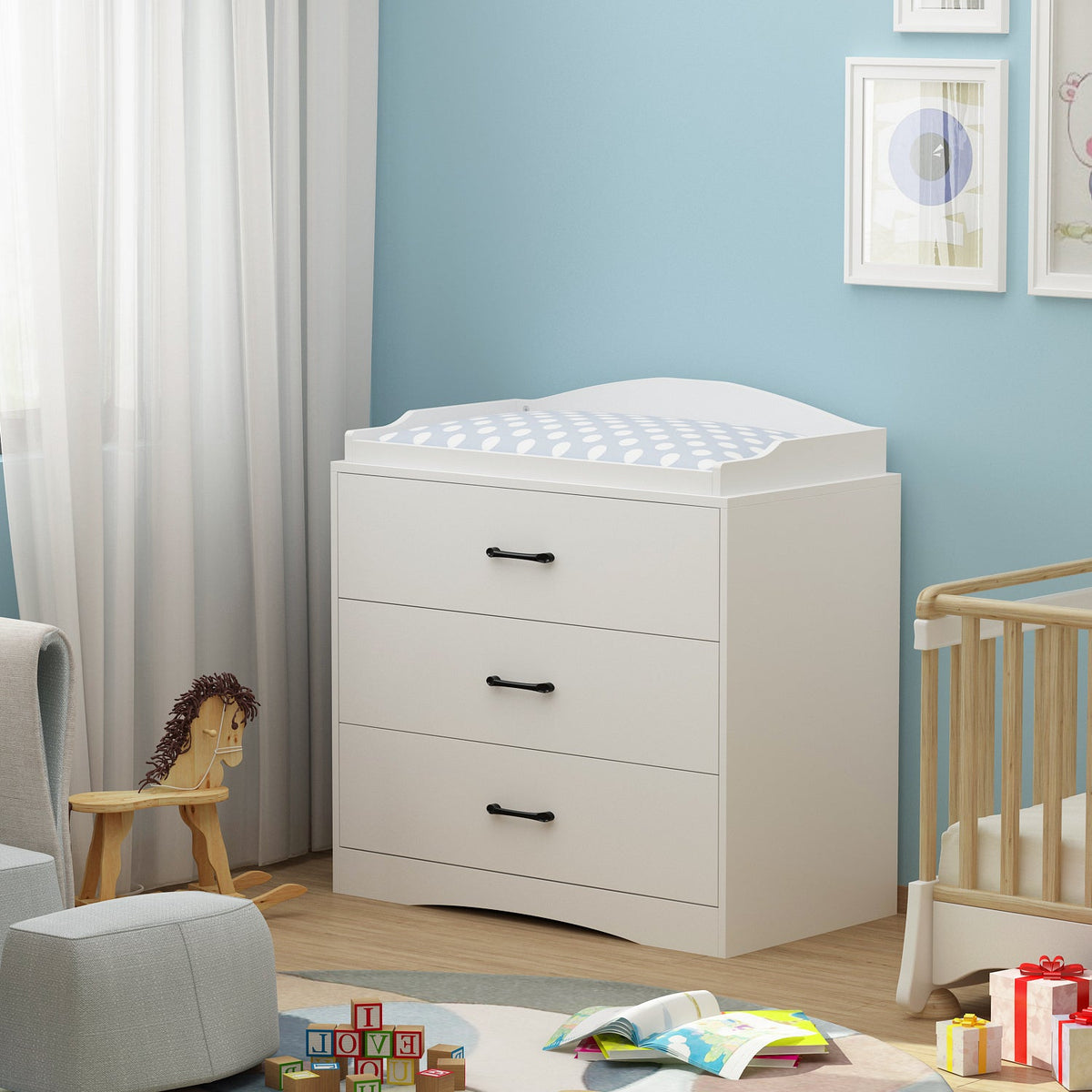 Compact white 3-drawer changing table with safety rails and removable changing topper