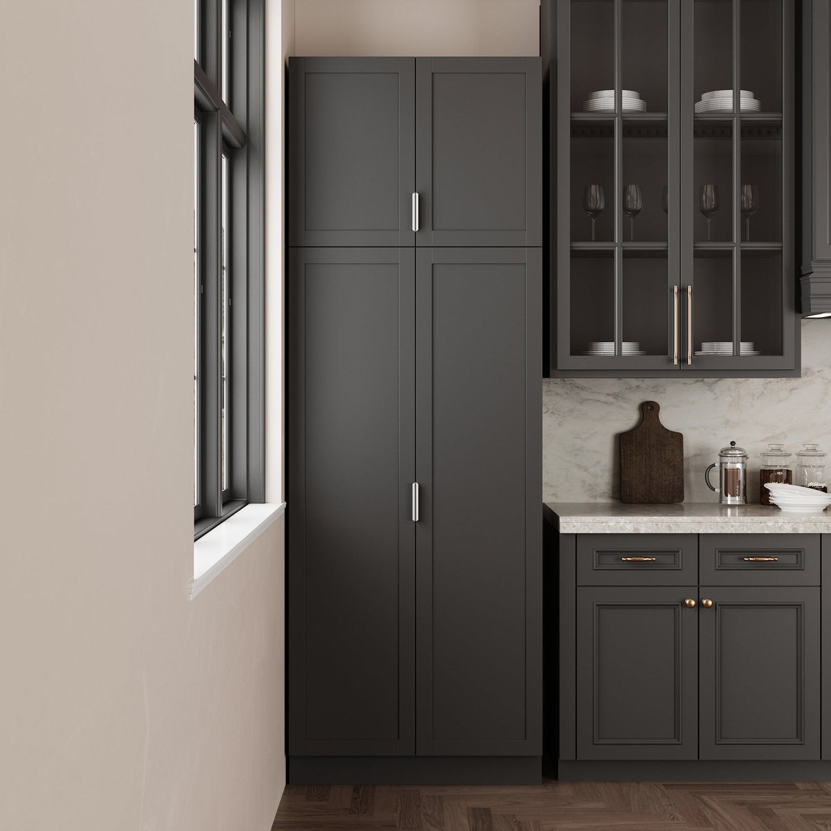 90.6-inch tall black kitchen pantry cabinet with four doors and adjustable shelves