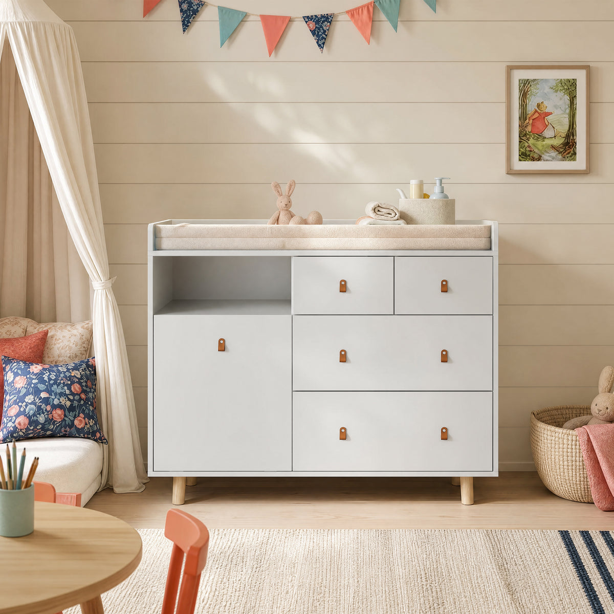37-inch tall white and grey changing table dresser with four drawers, open shelf and changing topper