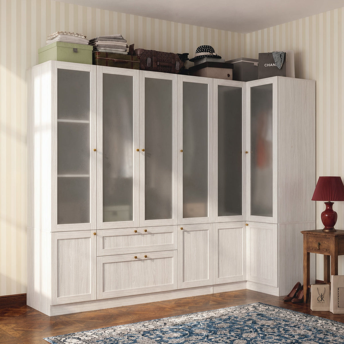 Skira 98.4-inch white corner storage cabinet with frosted glass doors and drawers