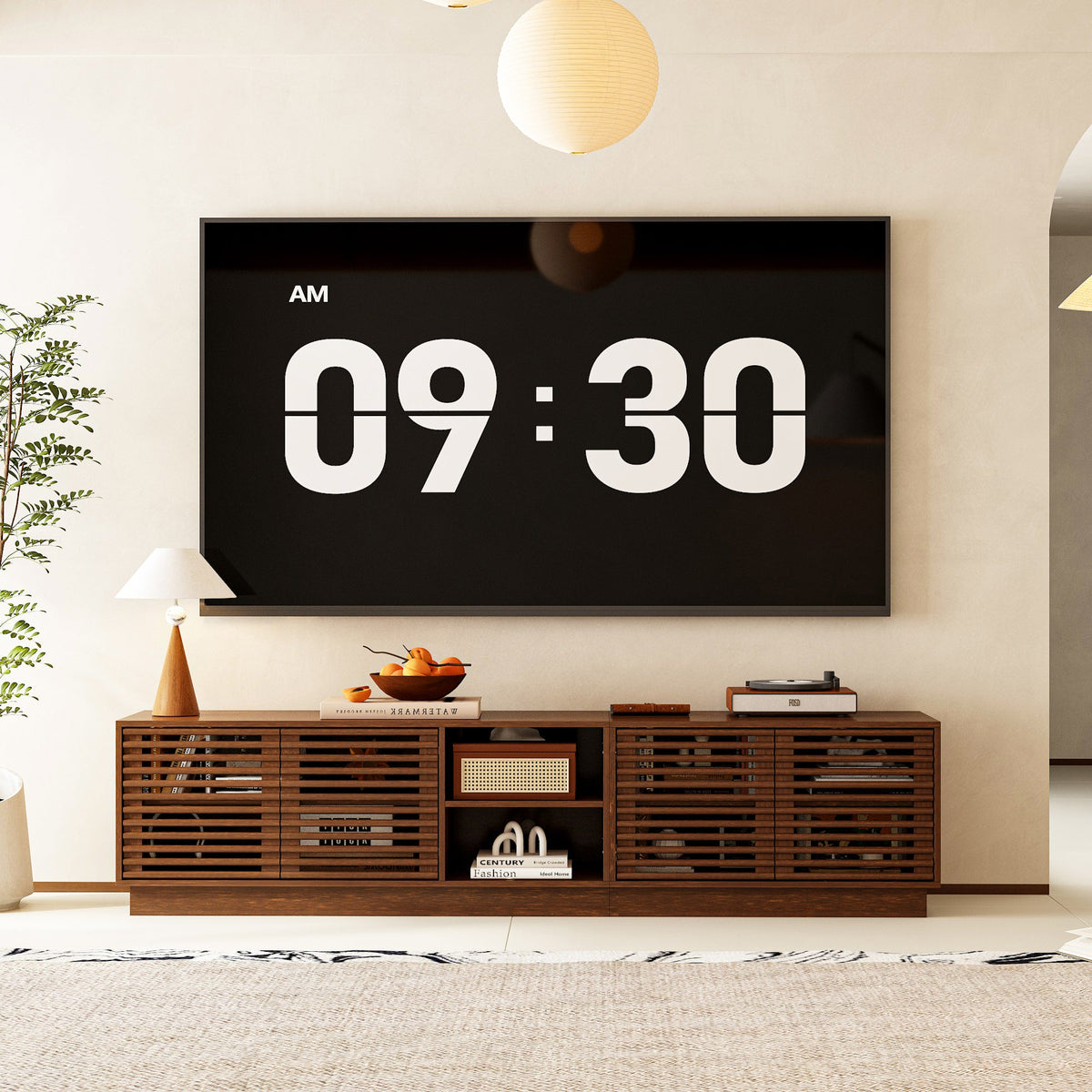 78.7-inch mid-century walnut TV stand with slatted doors sized for a 75-inch TV