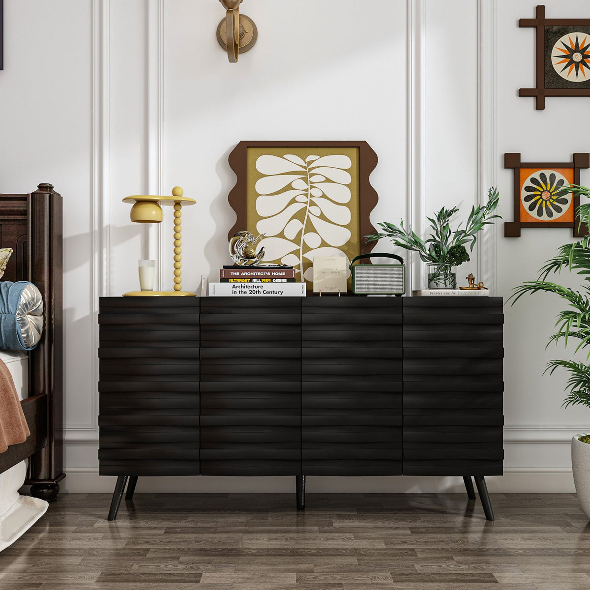 55.1-inch modern black buffet cabinet with four doors, a low sideboard suitable as a living room media console
