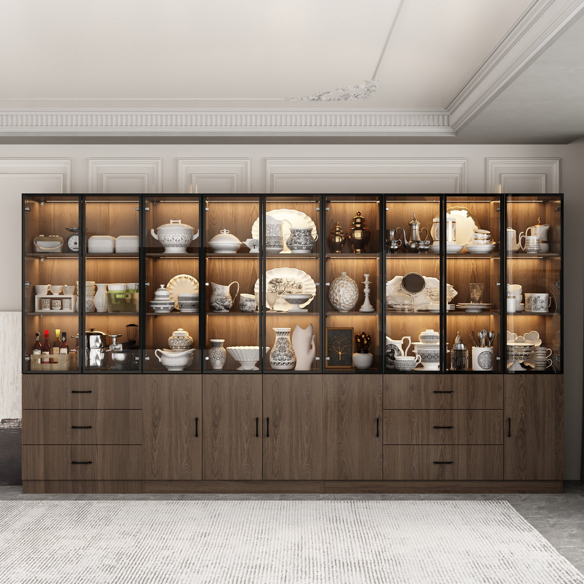 Geyma 141.7-inch brown display cabinet wall made of several cabinets connected side by side with glass doors and drawers