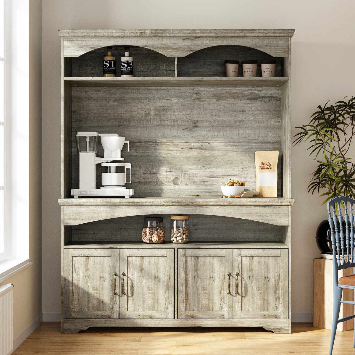 53.7-inch retro brown dining hutch with adjustable shelves and stemware storage