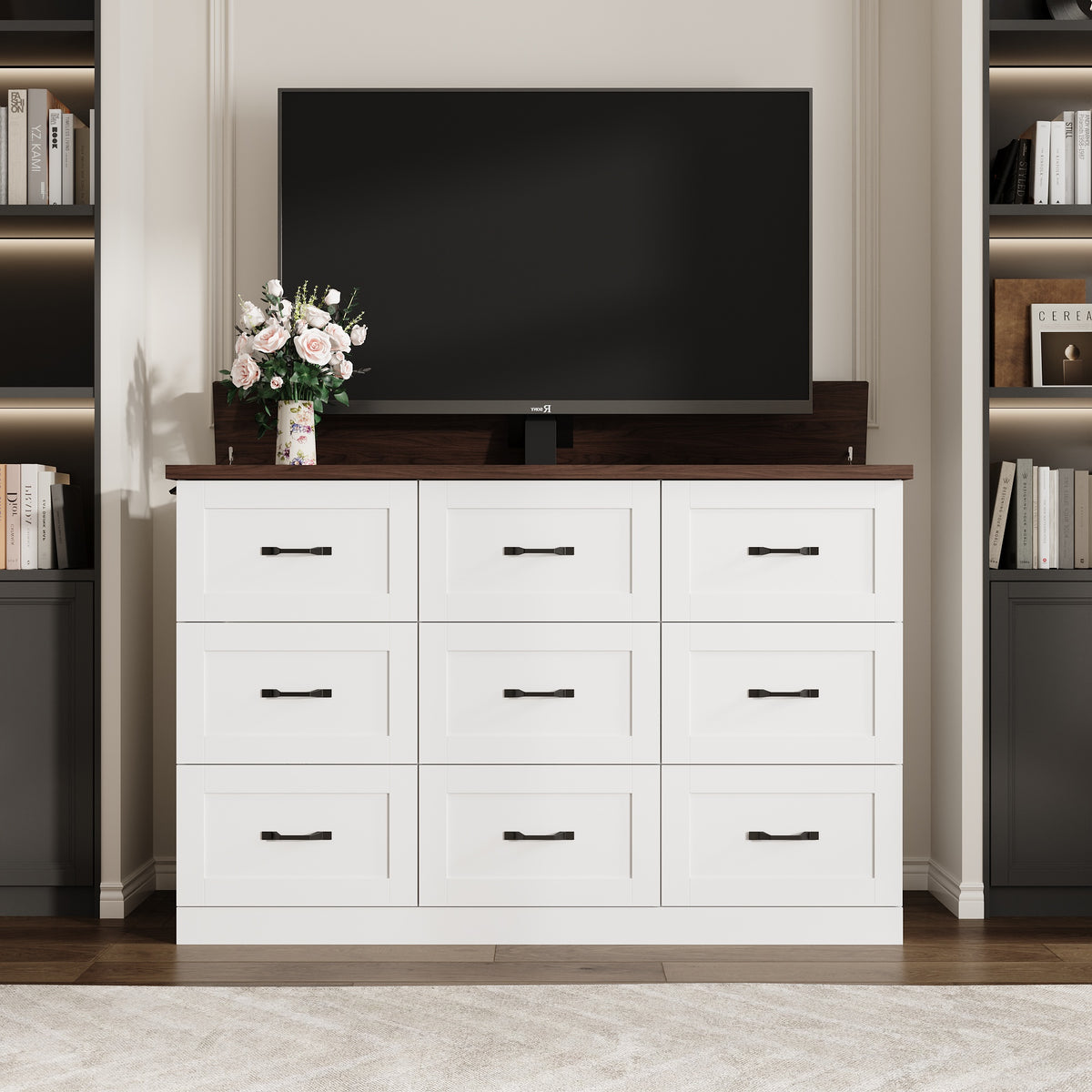 White TV lift dresser with nine drawers and a hidden motorized TV lift