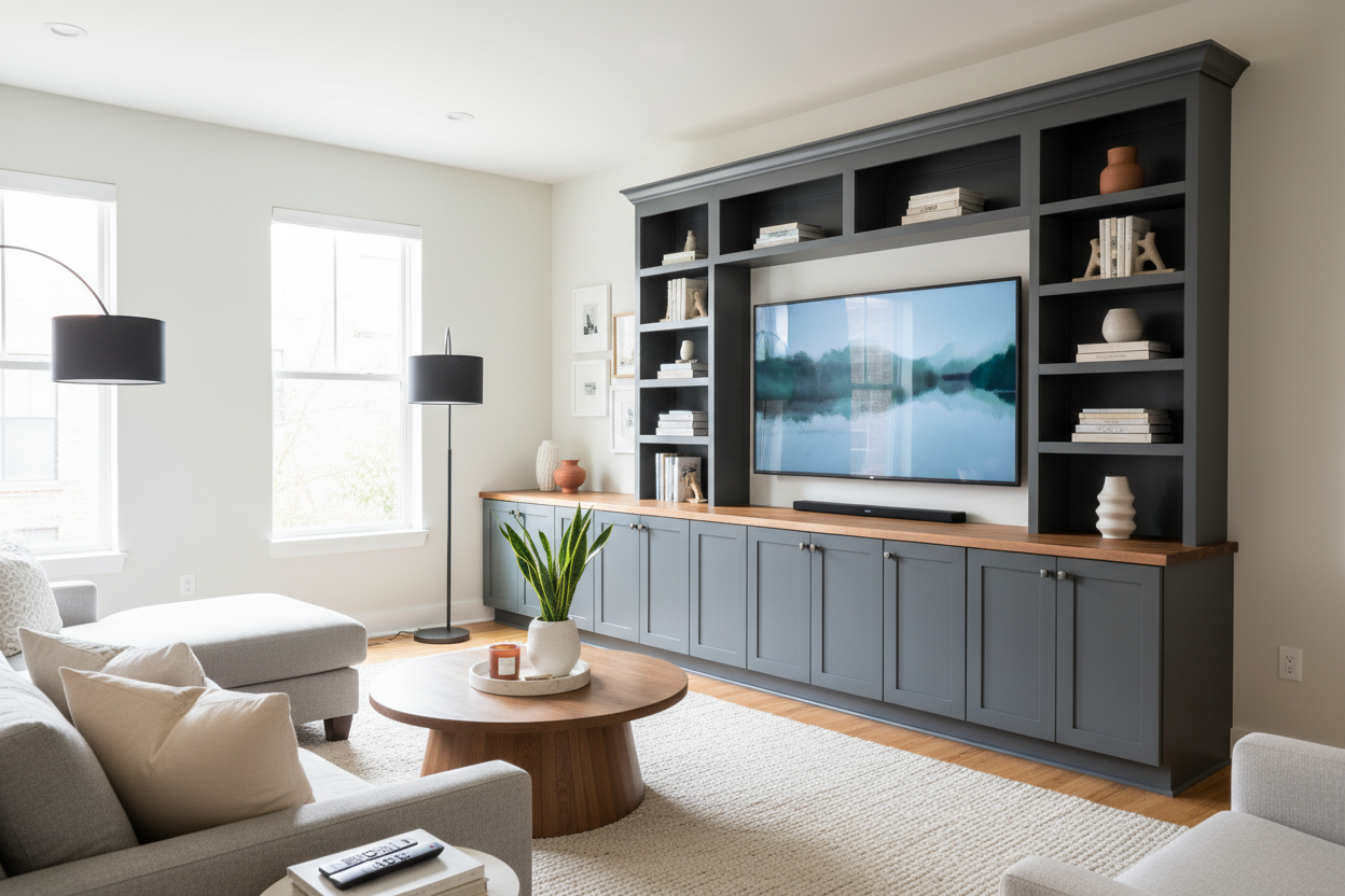 How I Faked a Custom TV Build Out Using Basic Stock Cabinets