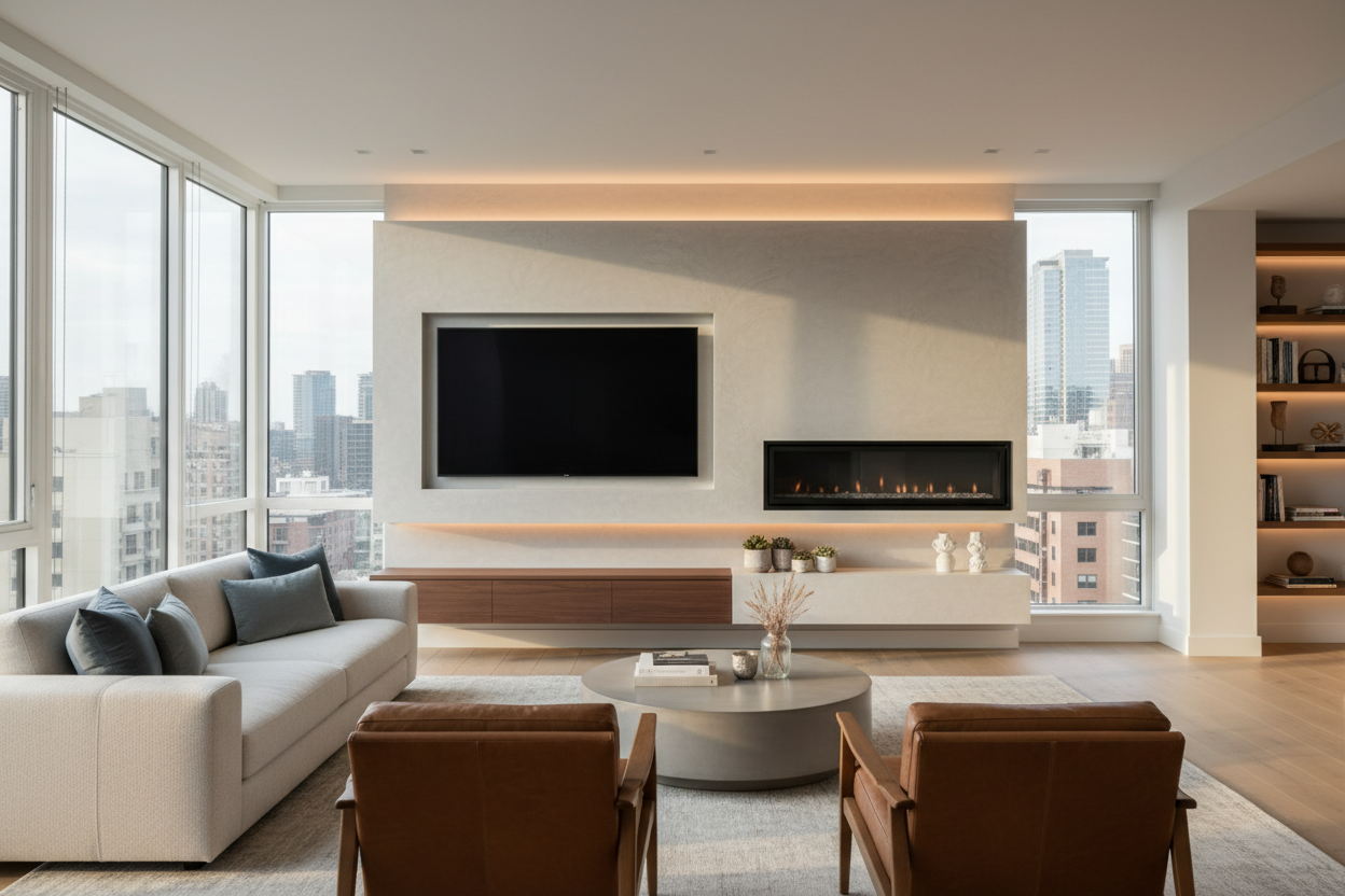 Fireplace in the Way? Try an Off-Center Wall Mounted Entertainment Unit