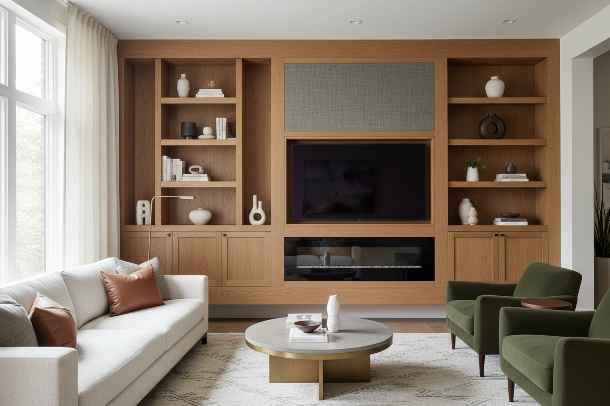 A Living Room Wall Unit With Fireplace Fixes the 'TV Above Mantel' Trap