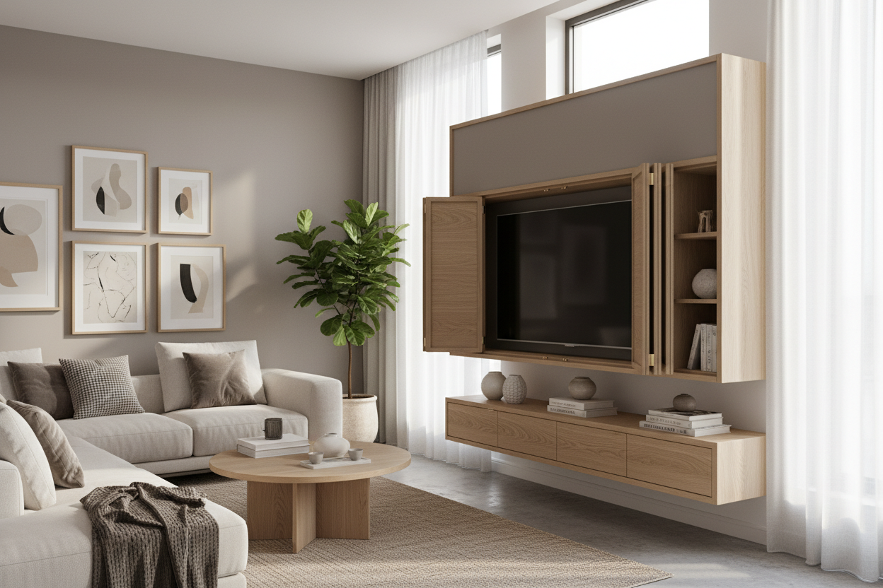 Hate The Black Box? Get a Wall TV Cabinet With Doors That Enclose TV