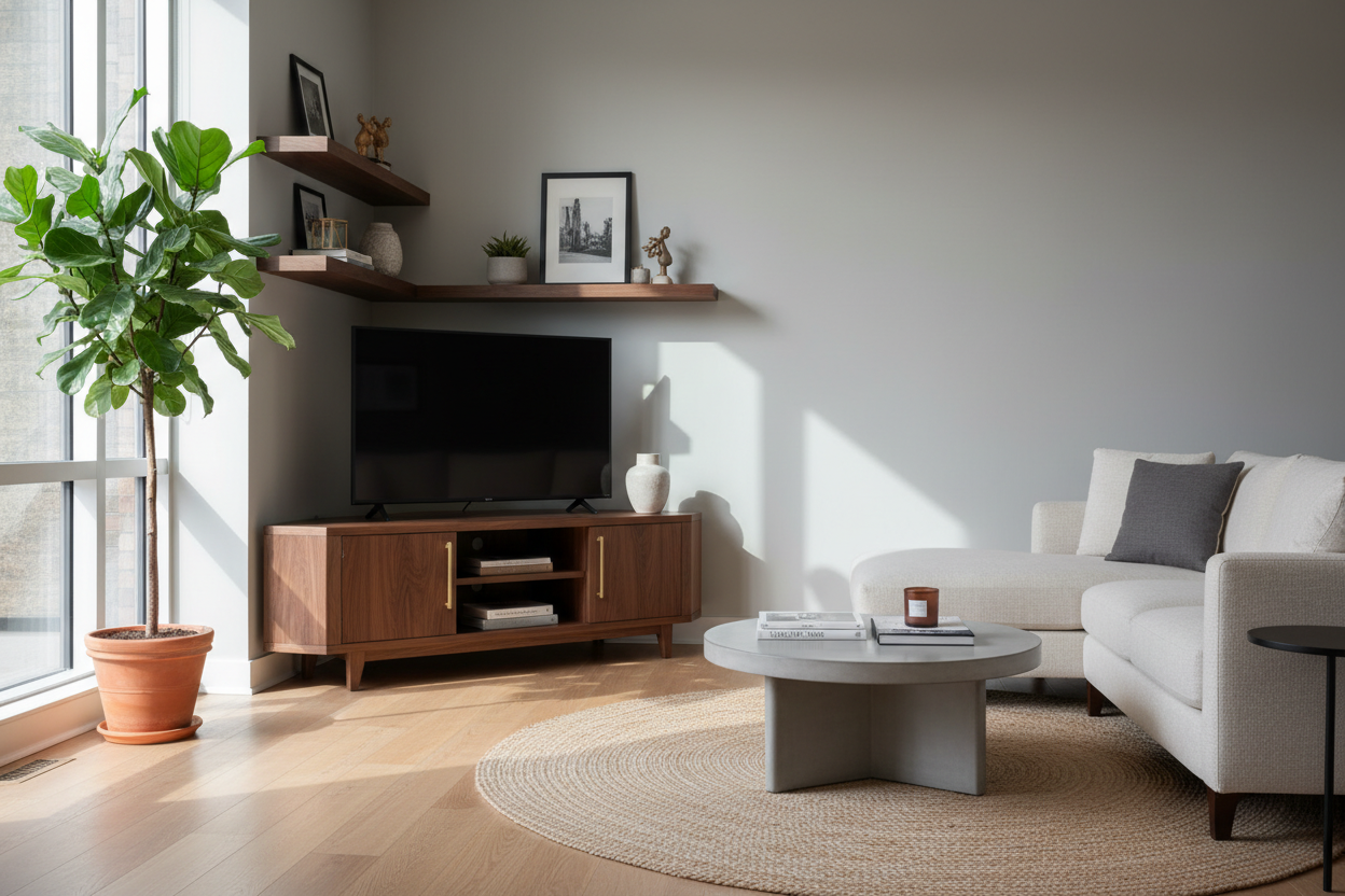 Your Living Room Layout Is Awkward (A Wooden Corner TV Stand Can Fix It)