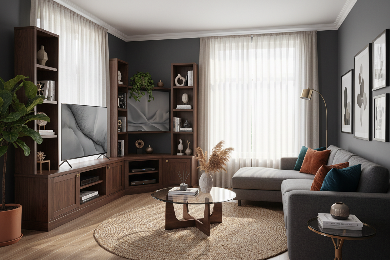 I Promise a Corner TV Stand Dark Wood Unit Won't Look Like 1999