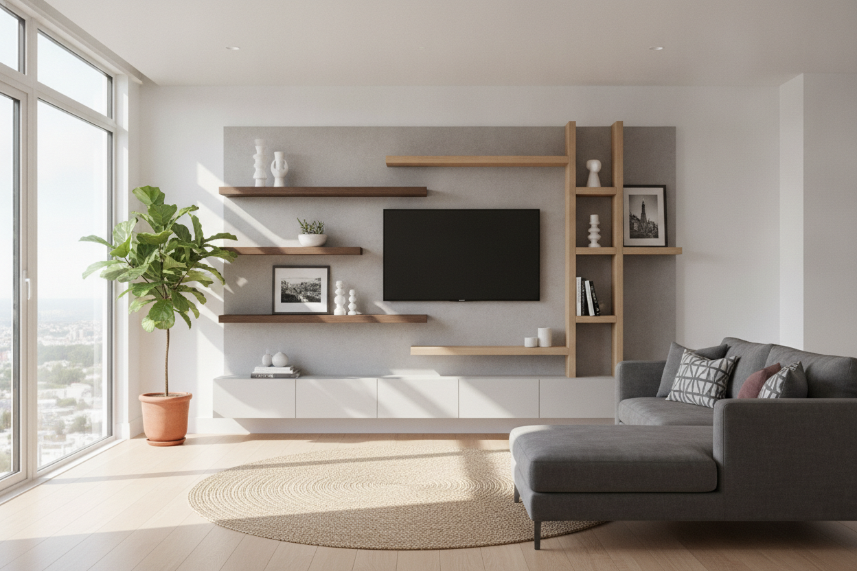 The Asymmetrical Wall Shelf TV Layout Is Actually Genius