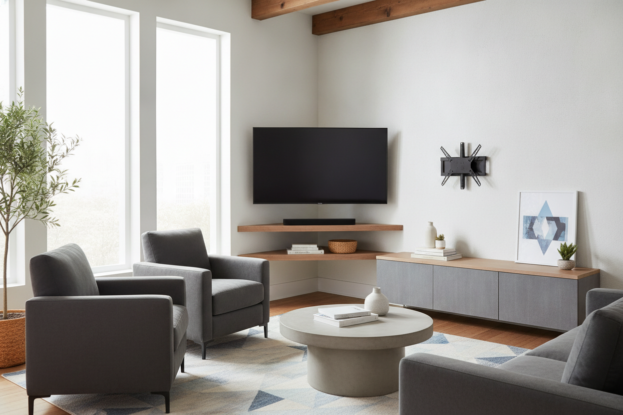 We Fixed Our Awkward Living Room With a Corner TV Wall Mount With Shelf
