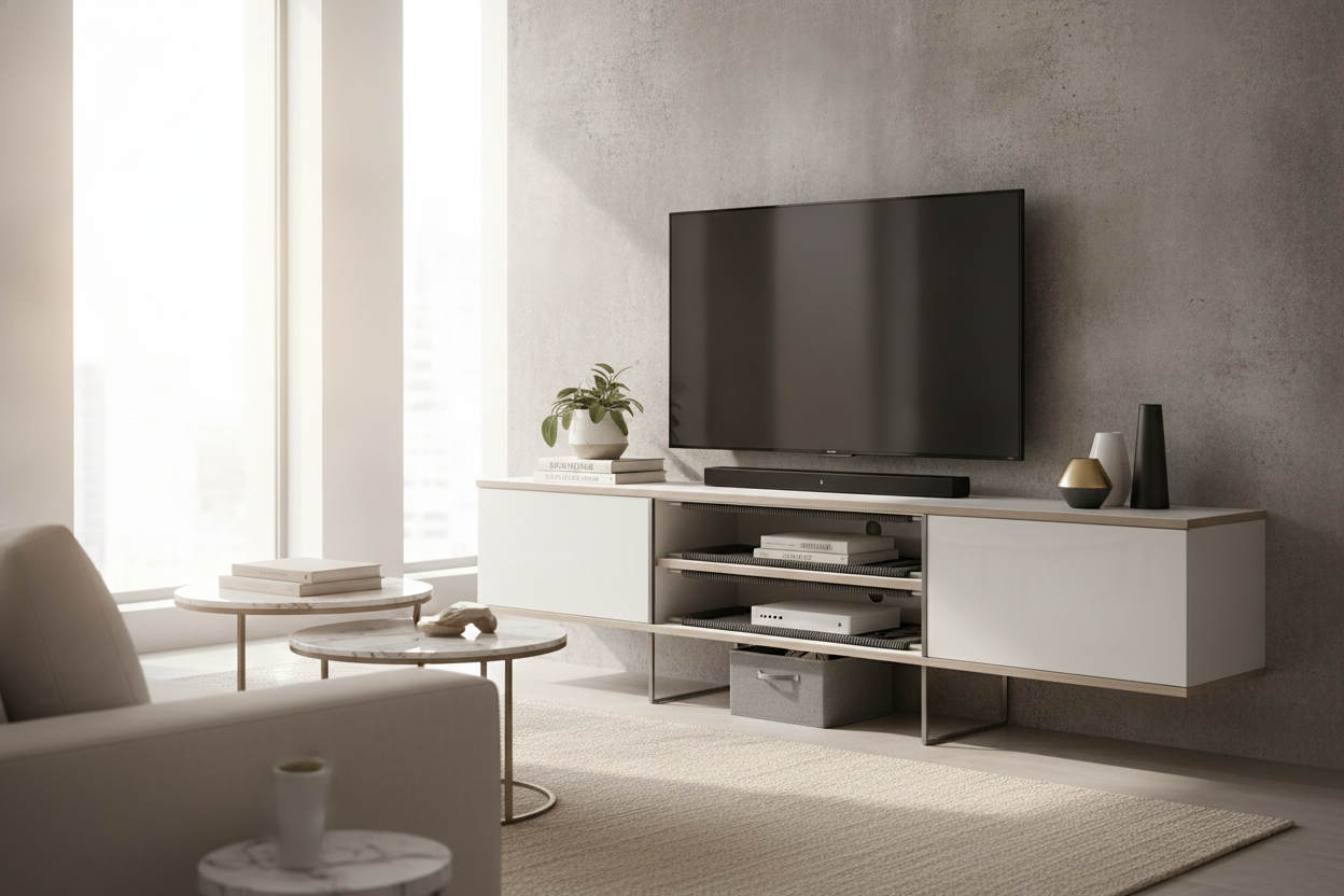 I Finally Found a Way to Hide Cords on an Open Entertainment Center Shelf