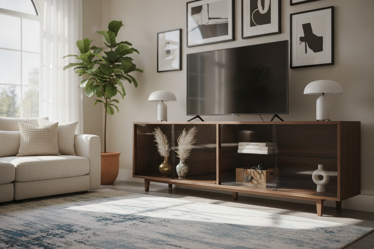 Your Glass Doors TV Stand Doesn't Have to Look Like a Junk Drawer
