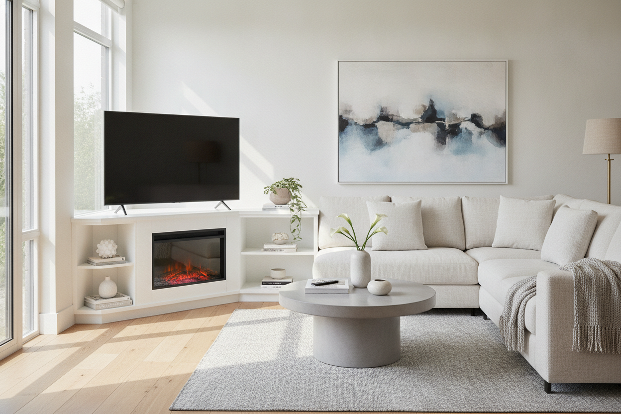 Your Weird Living Room Needs a White Corner TV Stand Fireplace