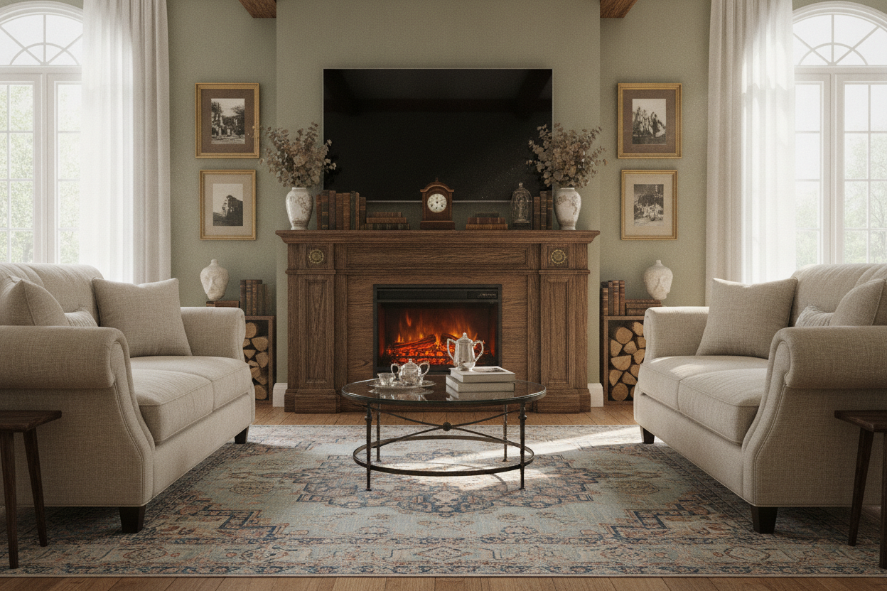 I Hunted for an Old Fireplace TV Stand That Actually Looks Vintage