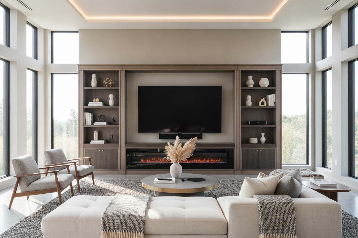 An 85 Inch TV Stand With Fireplace Actually Makes Giant Screens Look Chic