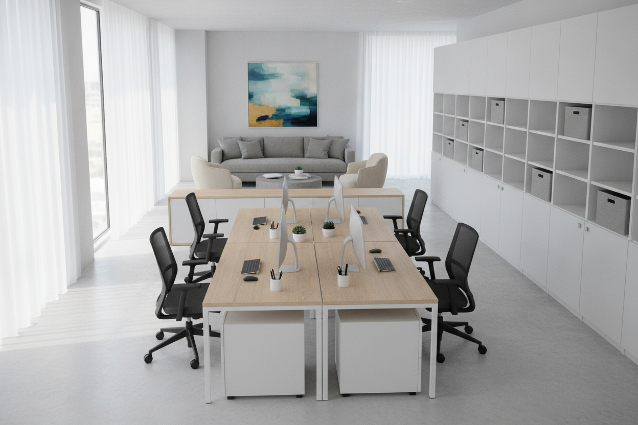 The 4 Person Desks Guide: Layout Blueprints, Spatial Footprints, and Storage Integration
