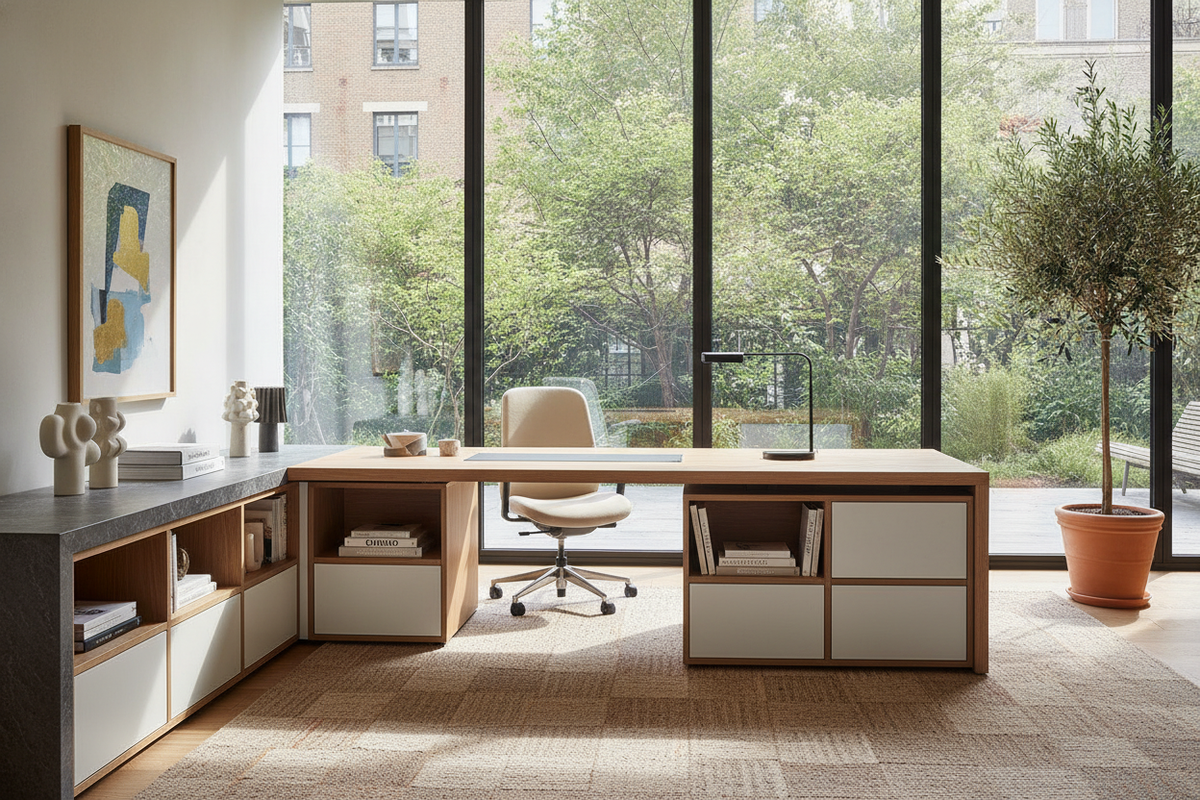 Deck Desk Planning Guide: Architectural Geometry, Integrated Credenzas, Storage Systems, and Workspace Layouts