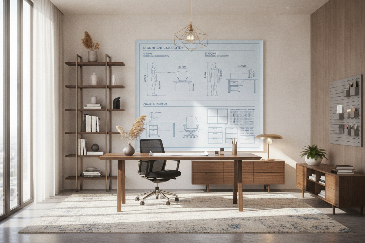 Desk Height Calculator Blueprint: Sitting & Standing Ergonomic Measurements, Chair Alignment, and Workstation Storage Planning