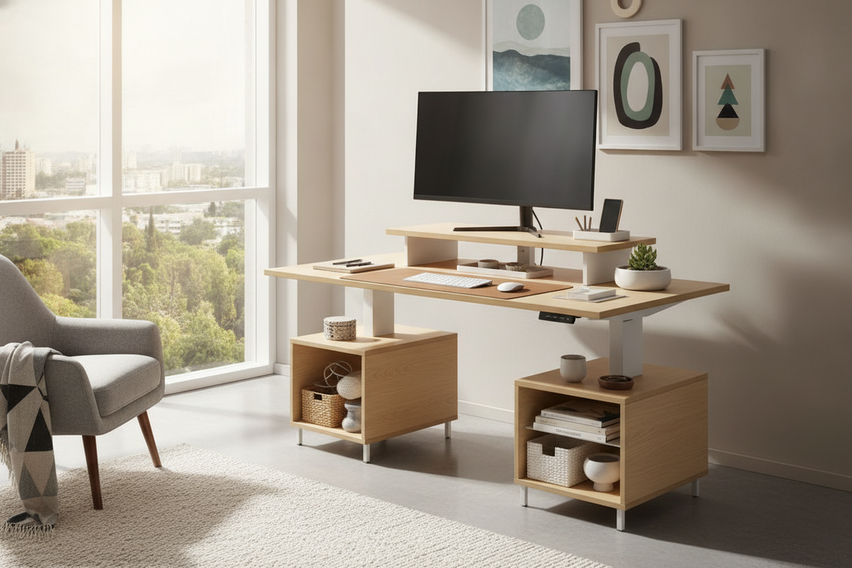 Small Desk with Riser Guide: Compact Sit-Stand Converters, Surface Zoning, and Storage Architecture