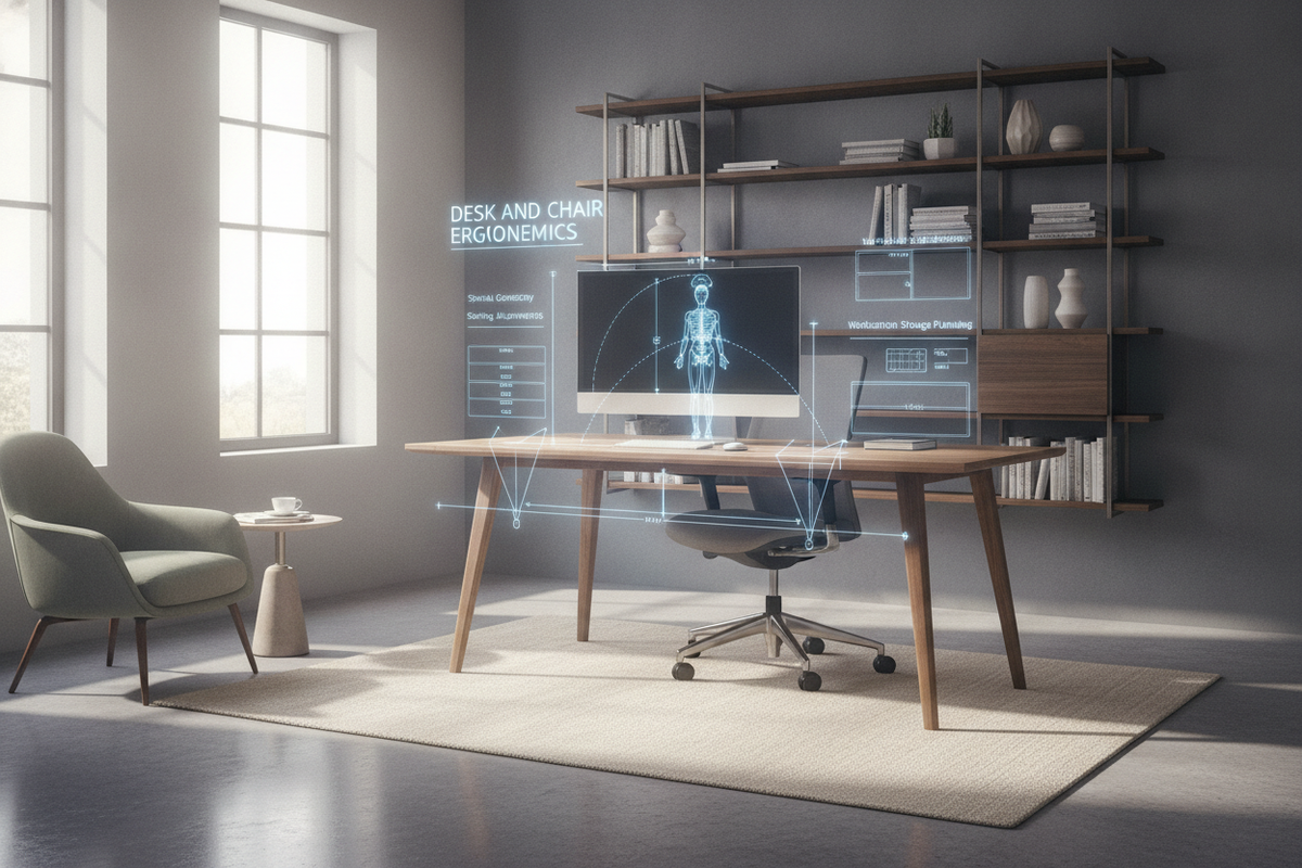 Desk and Chair Ergonomics Blueprint: Spatial Geometry, Seating Alignments, Surface Heights, and Workstation Storage Planning
