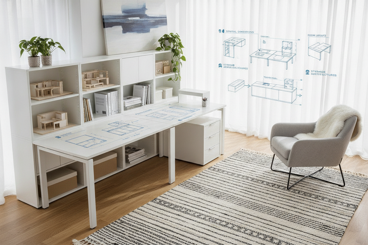 IKEA Desk and Shelf Combo Blueprint: Modular Configurations, Spatial Dimensions, Storage Architectures, and Room Layouts