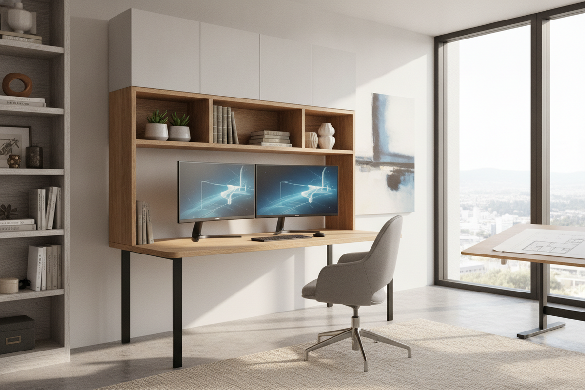Desk with Hutch Staples Blueprint: Vertical Clearance Tiers, Overhead Storage Archetypes, Monitor Geometry, and Room Integration