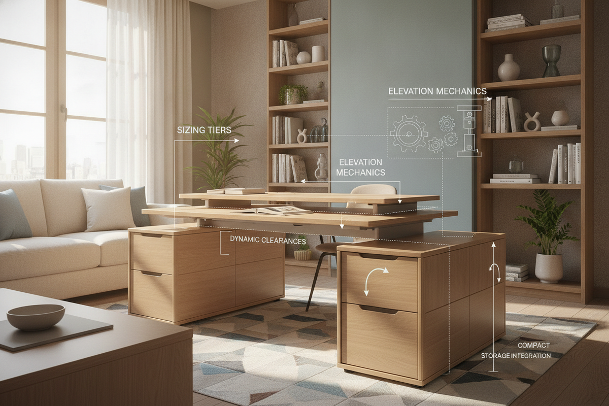 Adjustable Desk Small Space Blueprint: Sizing Tiers, Elevation Mechanics, Dynamic Clearances, and Compact Storage Integration