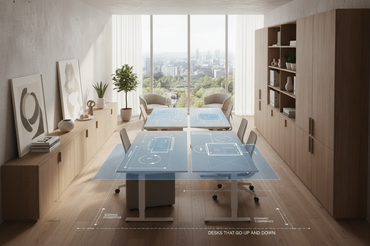 Desks That Go Up and Down Blueprint: Elevation Archetypes, Spatial Footprints, Dynamic Clearances, and Office Storage Integration