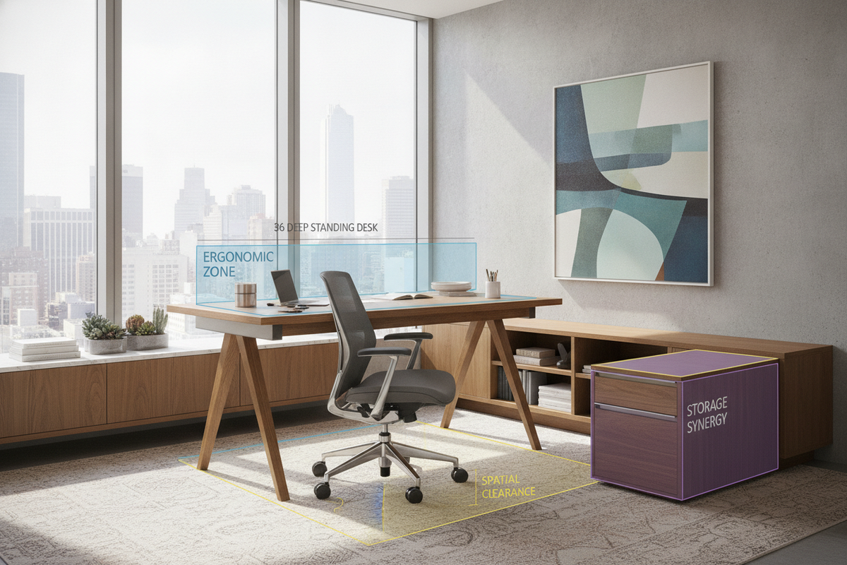36 Deep Standing Desk Blueprint: Extra-Deep Sit-Stand Frames, Spatial Clearances, Ergonomic Zones, and Storage Synergy