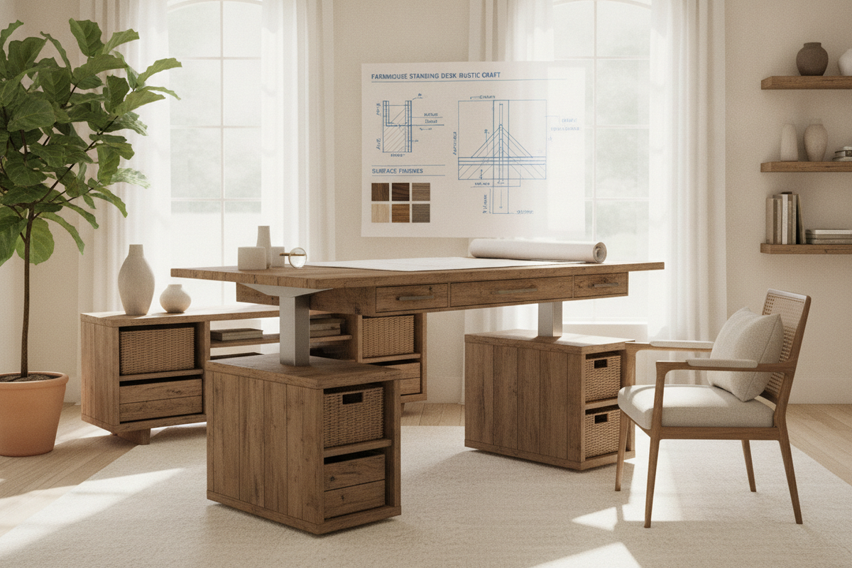 Farmhouse Standing Desk Blueprint: Rustic Craft, Kinetic Clearances, Surface Finishes, and Storage Synergy