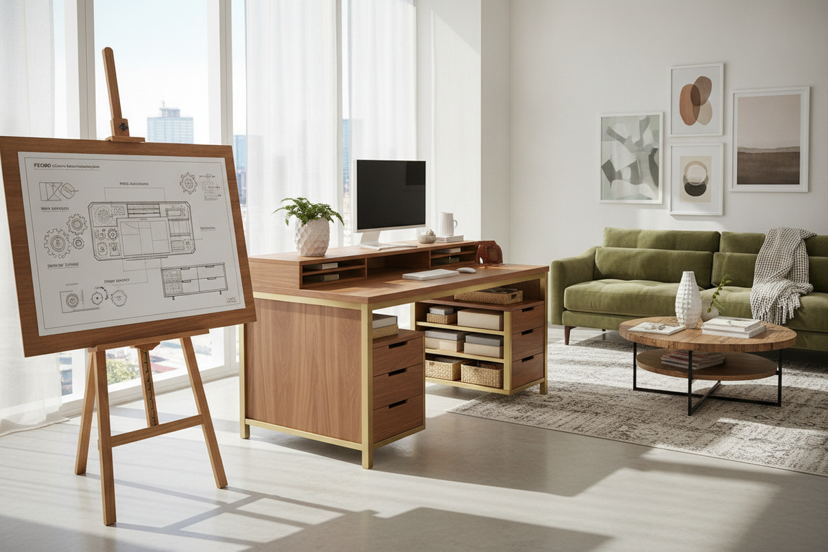FEZIBO Mid Century Modern Standing Desk Blueprint: Retro Aesthetics, Kinetic Architecture, Desktop Zoning, and Storage Synergy