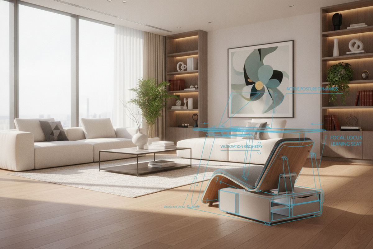 Focal Locus Leaning Seat Blueprint: Active Posture Dynamics, Workstation Geometry, and Storage Architecture