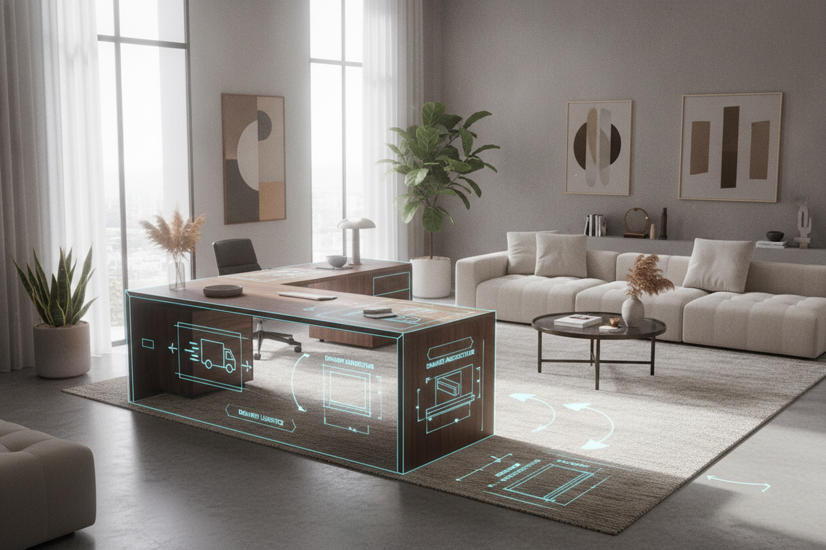 Assembled L-Shaped Desk Blueprint: Spatial Geometry, Delivery Logistics, Drawer Architecture, and Room Flow