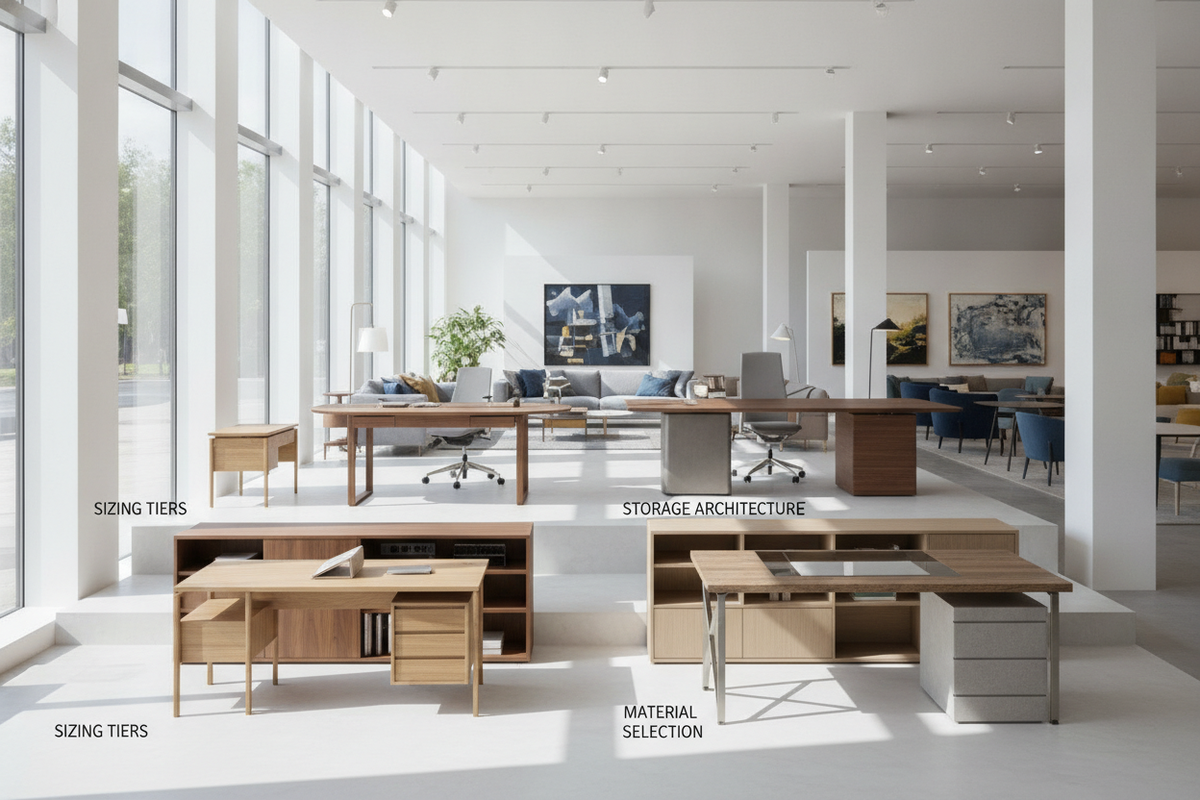 Furniture Stores Desks Blueprint: Sizing Tiers, Spatial Flow, Storage Architecture, and Material Selection