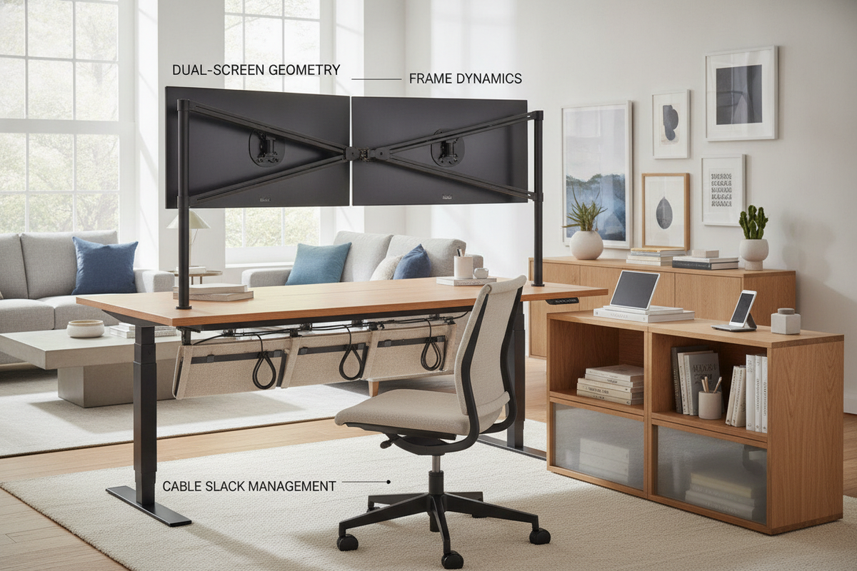 Monitor Standing Desk Blueprint: Dual-Screen Geometry, Frame Dynamics, Cable Slack Management, and Workspace Storage Synergy