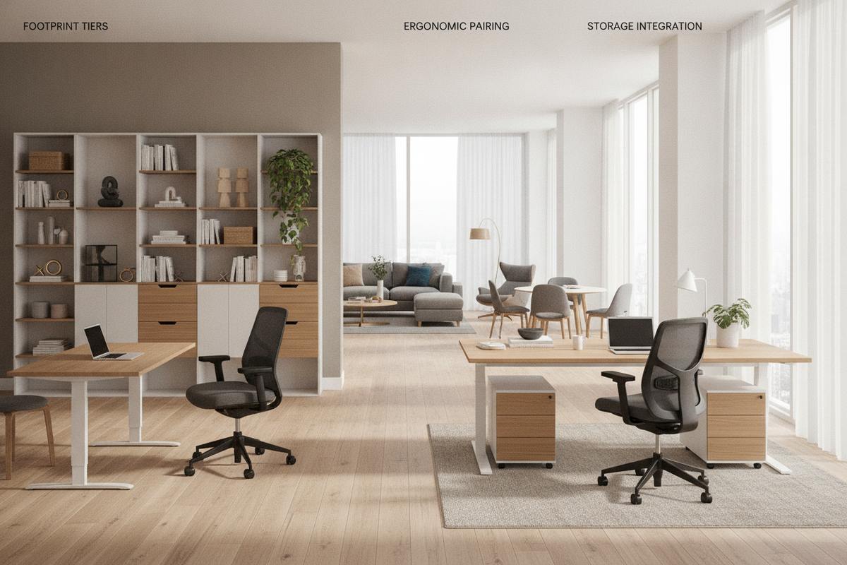 Desks & Chairs Selection Blueprint: Ergonomic Pairing, Footprint Tiers, Storage Integration, and Room Layouts