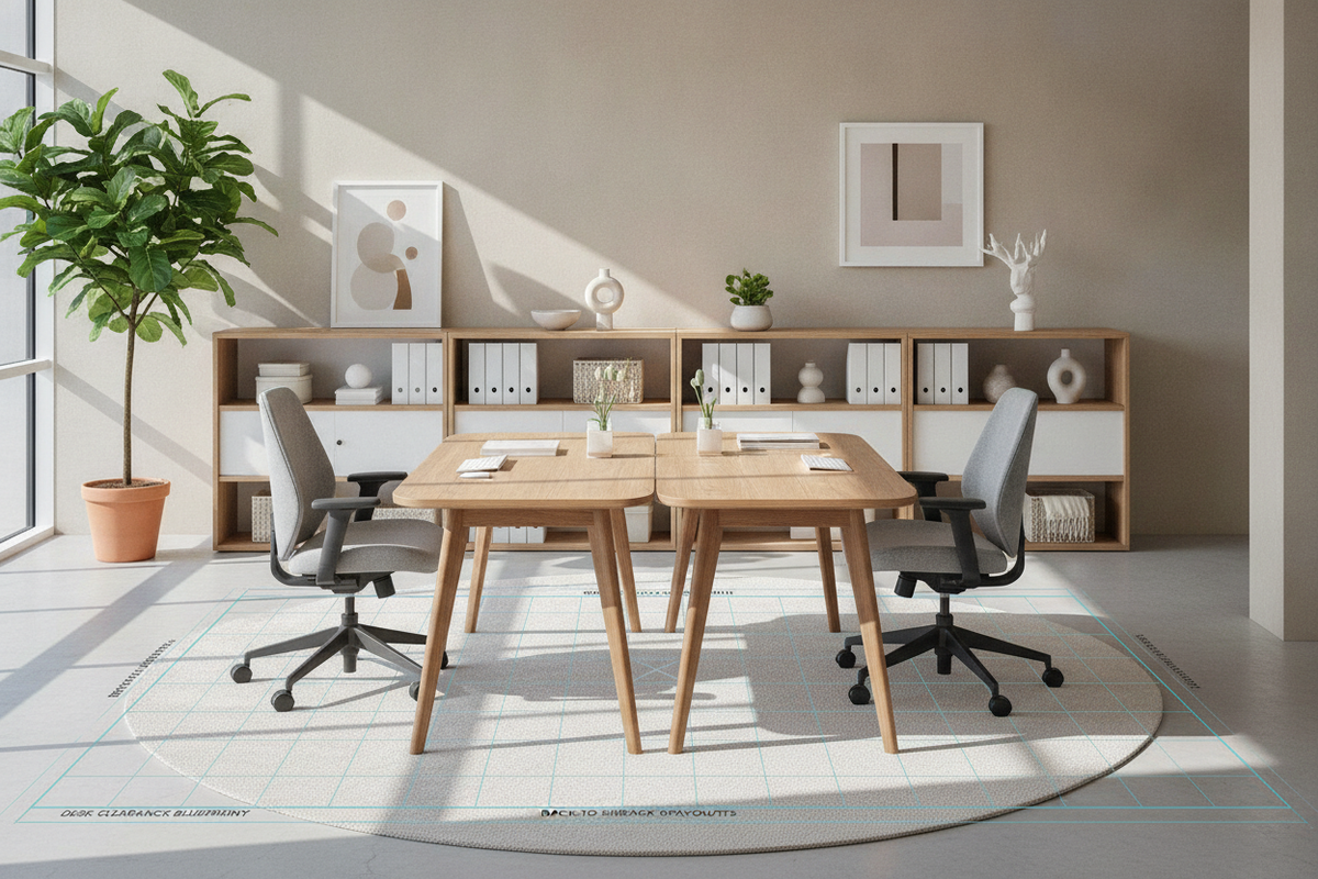 Desk Clearance Blueprint: Behind-Desk Spatial Tiers, Chair Pushback Geometry, Back-to-Back Layouts, and Storage Harmony
