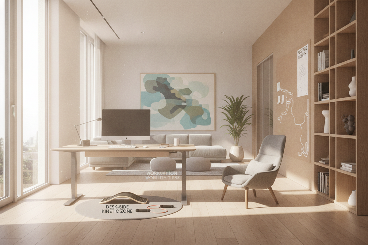 Office Exercises Blueprint: Workstation Mobility Tiers, Desk-Side Kinetic Zones, Posture Resets, and Furniture Harmony