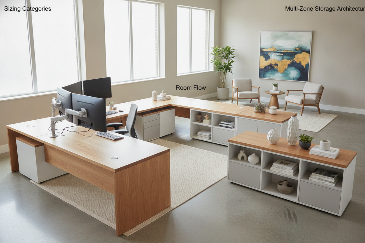 Long Office Desk Guide: Sizing Categories, Room Flow, and Multi-Zone Storage Architecture