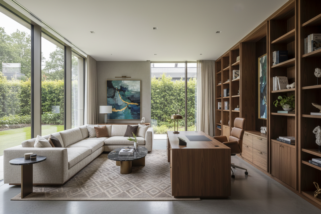 Designing a Luxury Home Office with Couch Layout for Flow