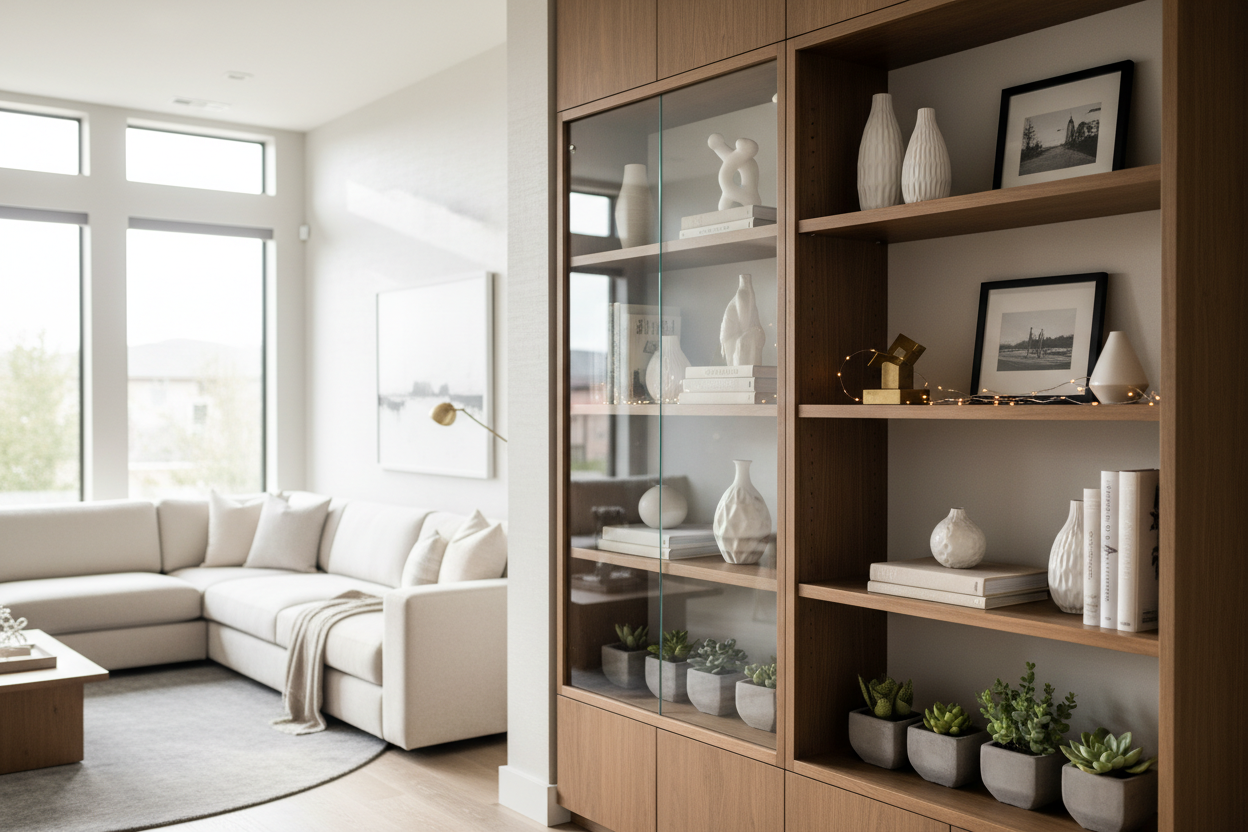 Decorate Display Cabinet Shelves Without Looking Cluttered