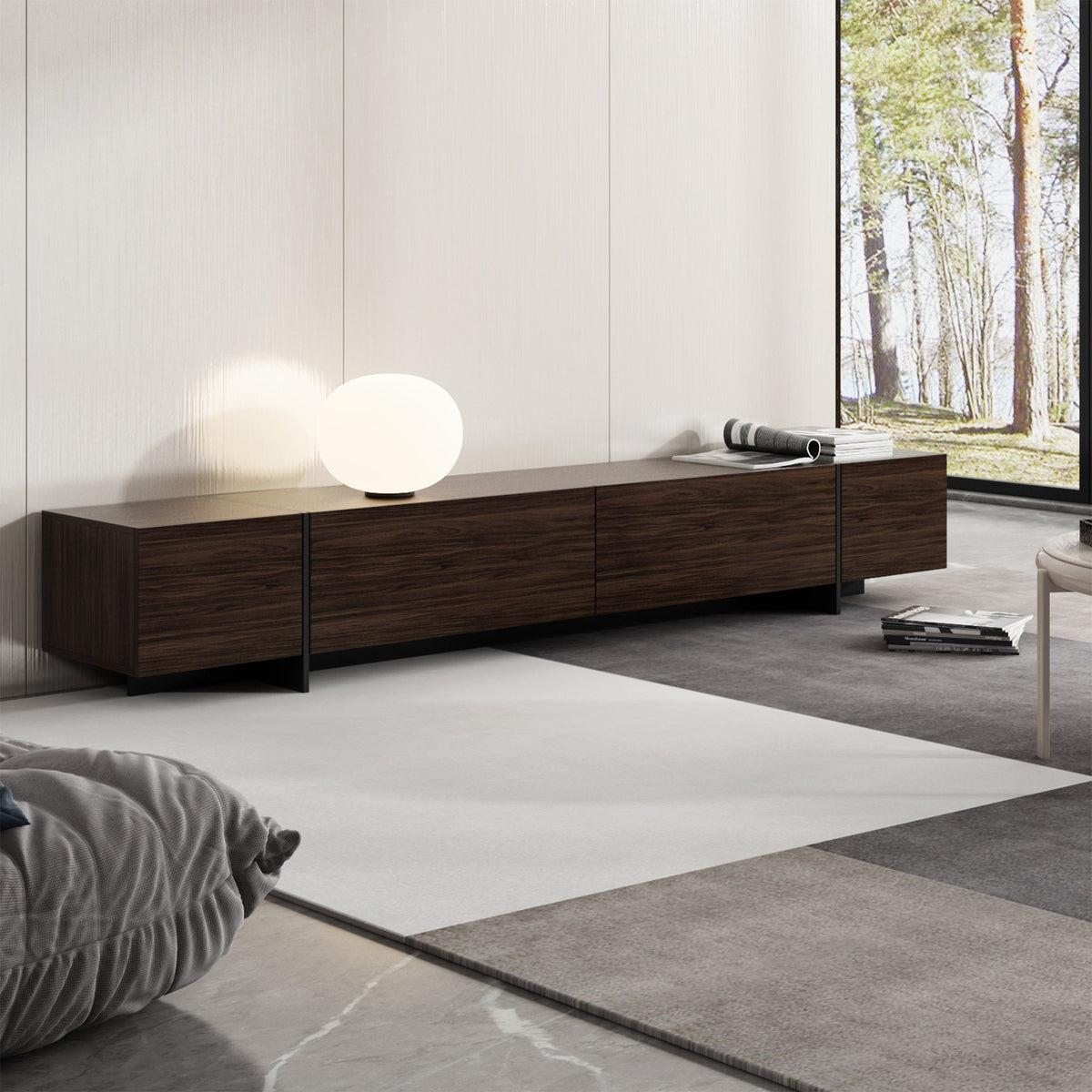 243 cm Modern Rustic Dark Brown Entertainment Center with 4 Pull-Down Doors