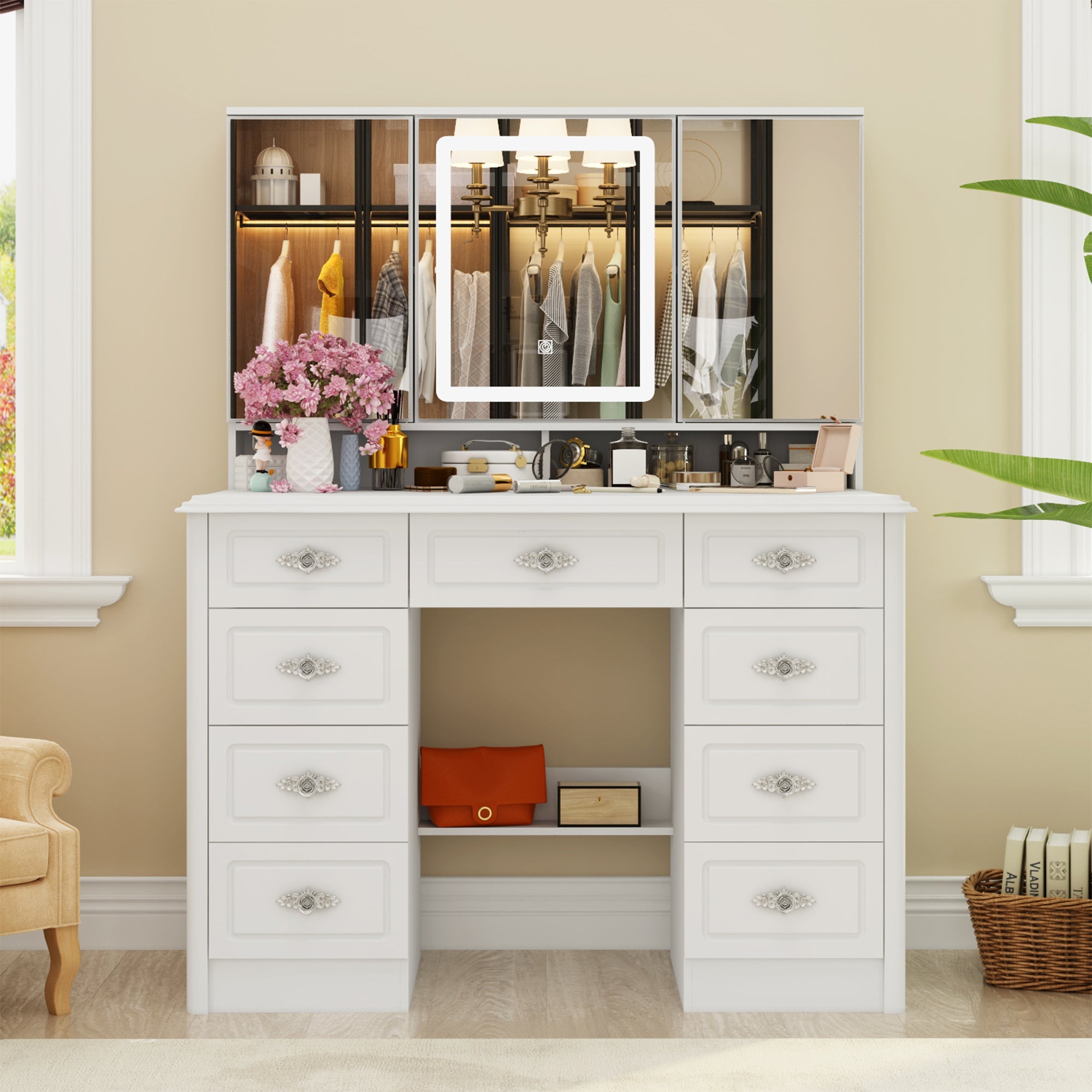 Coiffeuse moderne et minimaliste blanche de 110 cm avec tiroirs et lampe